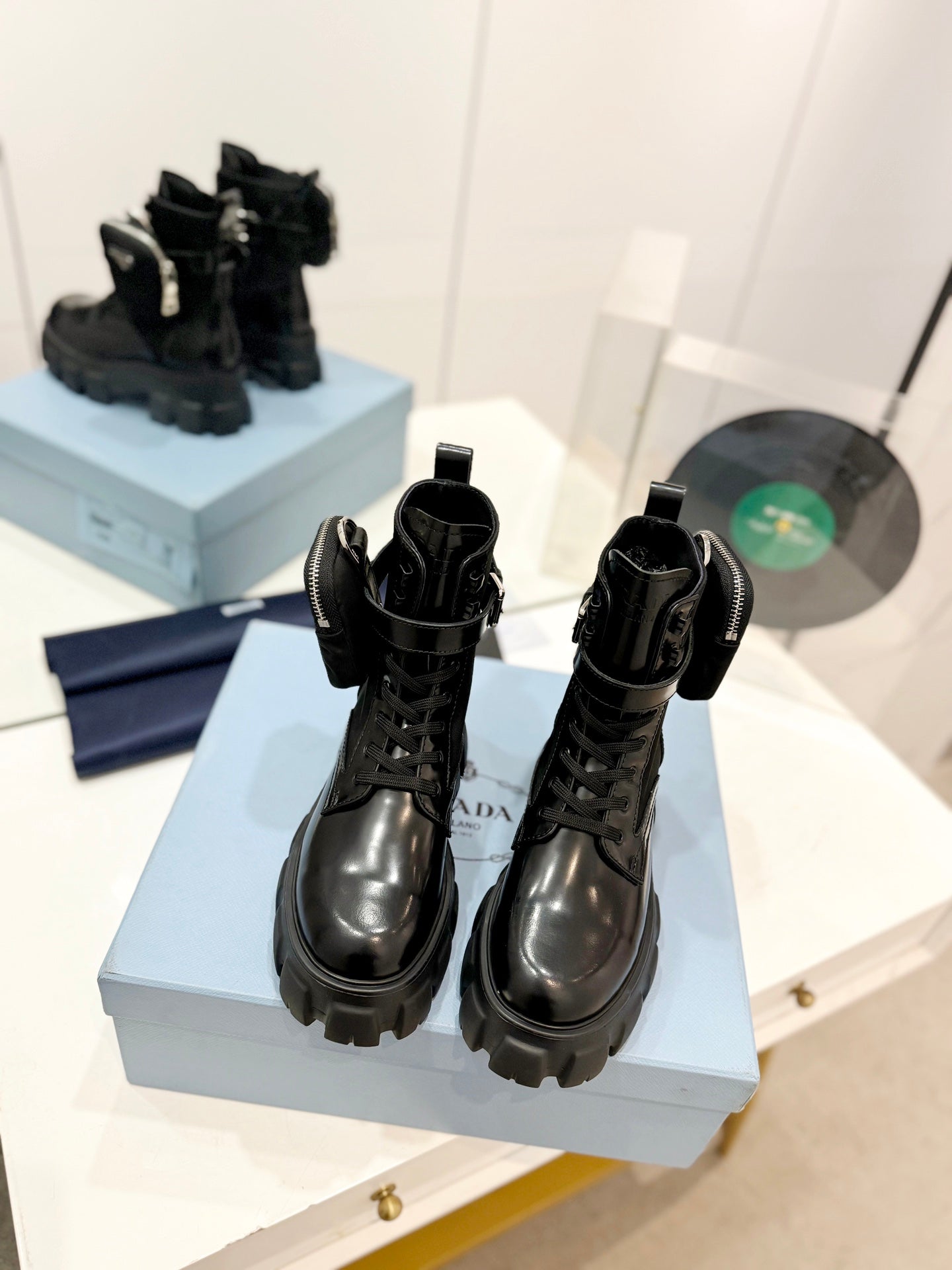 PRA MONOLITH BRUSHED AND RE-NYLON BOOTS WITH POUCH BLACK CALFSKIN - 35