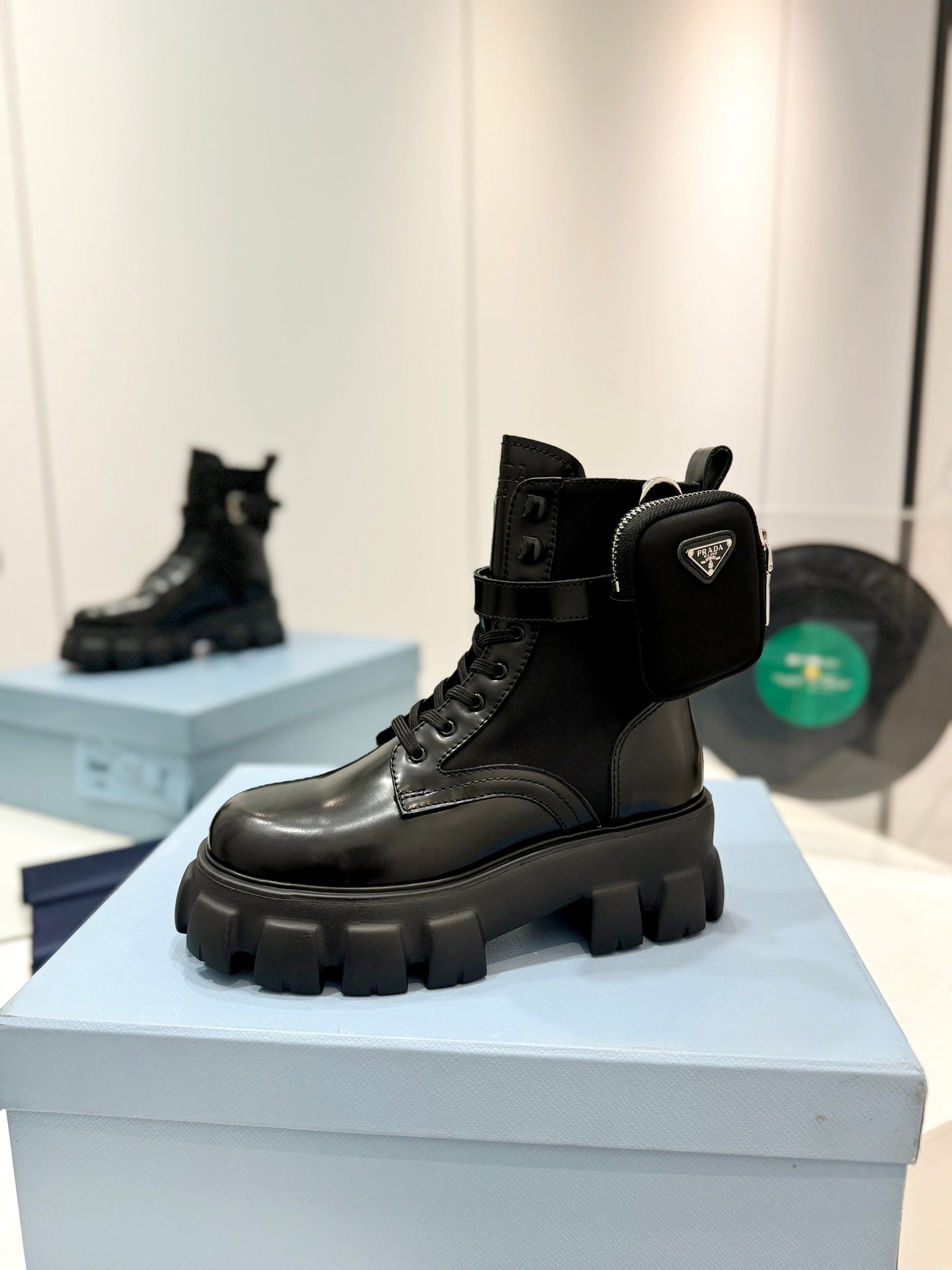 PRA MONOLITH BRUSHED AND RE-NYLON BOOTS WITH POUCH BLACK CALFSKIN - 35