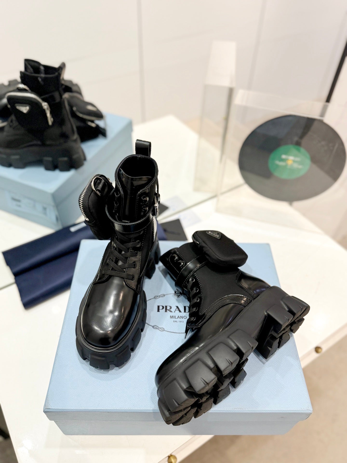 PRA MONOLITH BRUSHED AND RE-NYLON BOOTS WITH POUCH BLACK CALFSKIN - 35