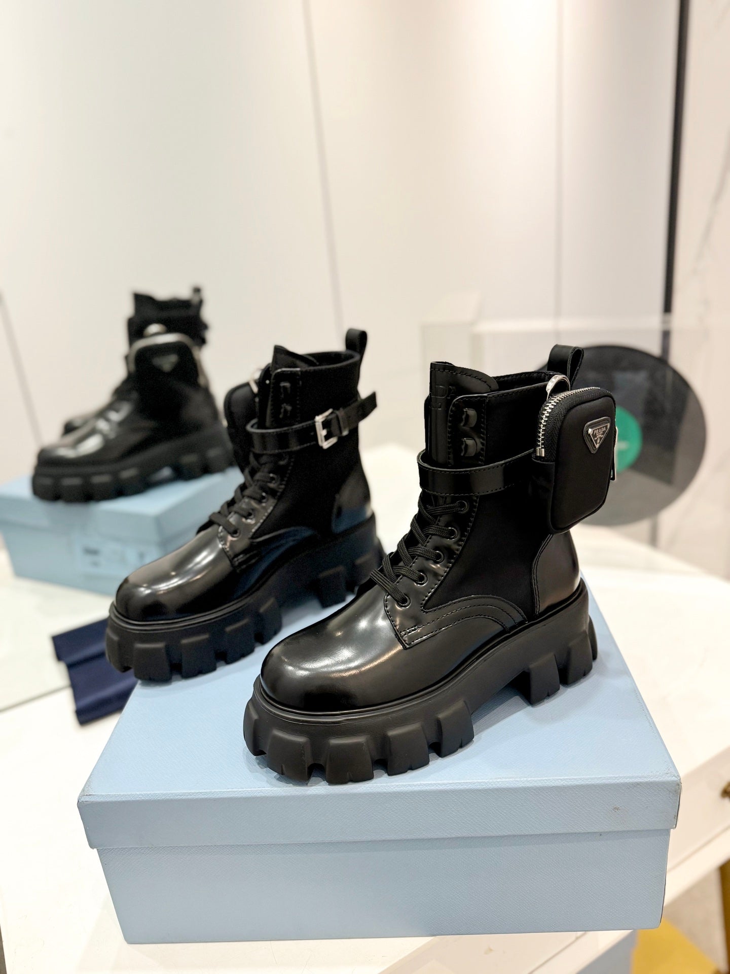 PRA MONOLITH BRUSHED AND RE-NYLON BOOTS WITH POUCH BLACK CALFSKIN - 35