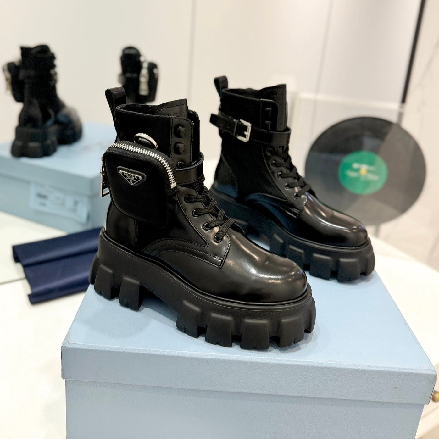 PRA MONOLITH BRUSHED AND RE-NYLON BOOTS WITH POUCH BLACK CALFSKIN - 35
