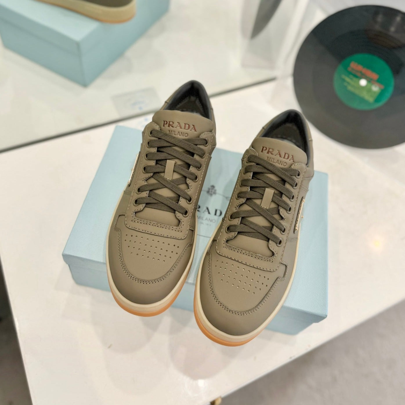 PRA DOWNTOWN PERFORATED SNEAKERS OLIVE CALFSKIN - 35