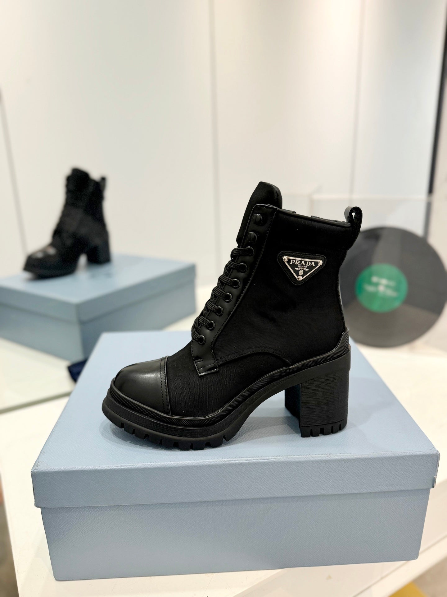 PRA BRUSHED LEATHER AND RE-NYLON LACED BOOTIES BLACK - 34