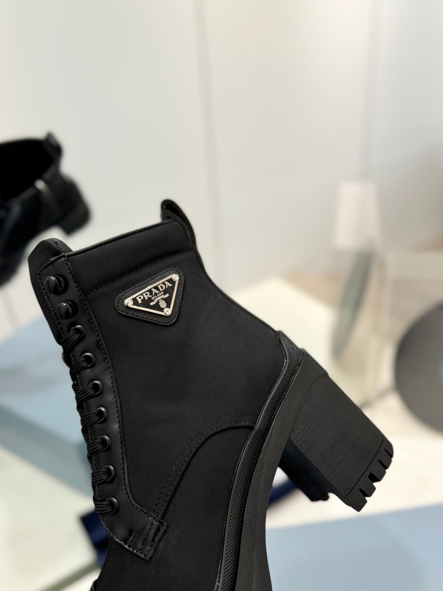 PRA BRUSHED LEATHER AND RE-NYLON LACED BOOTIES BLACK - 34