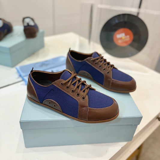 SNEAKERS IN BROWN LAMBSKIN AND NAVY BLUE CANVAS - 35