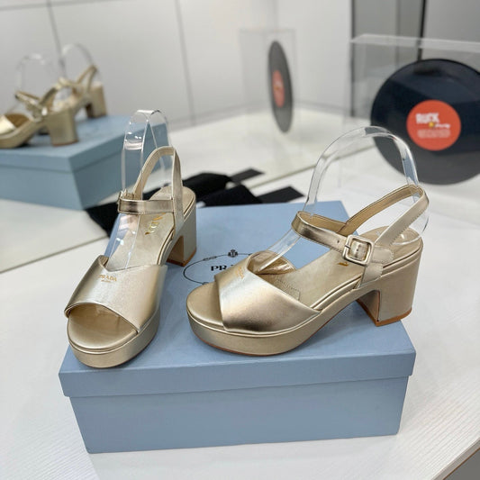 БОСОНІЖКИ PRADA 26S НА ПІДБОРАХ 70 ММ ІЗ ЗОЛОТОЇ ТЕЛЯЧОЇ ШКІРИ