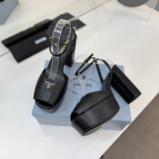 БОСОНІЖКИ PRADA 26S НА ПІДБОРАХ 115 ММ ЧОРНОЇ ТЕЛЯЧОЇ ШКІРИ З ЛОГОТИПОМ