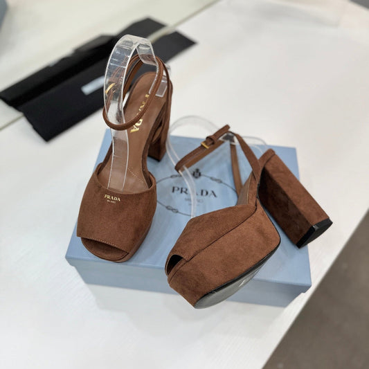 БОСОНІЖКИ PRADA 26S НА ПІДБОРАХ 115 ММ З ТЕМНО-КОРИЧНЕВОЇ ЗАМШІ