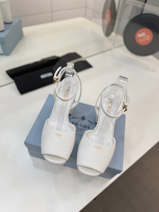 БОСОНІЖКИ PRADA 26S НА ПІДБОРАХ 115 ММ З БІЛОЇ ТЕЛЯЧОЇ ШКІРИ