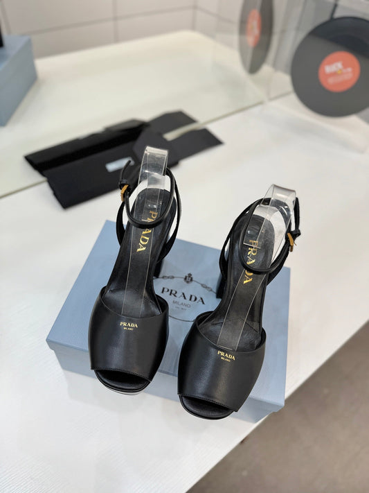 БОСОНІЖКИ PRADA 26S НА ПІДБОРАХ 115 ММ З ЧОРНОЇ ТЕЛЯЧОЇ ШКІРИ