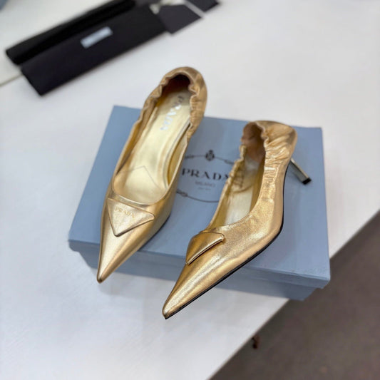 ТУФЛІ PRADA 26S PUMPS 55 ММ ІЗ ЗОЛОТОЇ ТЕЛЯЧОЇ ШКІРИ З ЛОГОТИПОМ