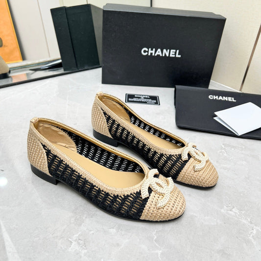 BALLET FLAT 10 MM IN BLACK MIX BEIGE RAFFIA - 35