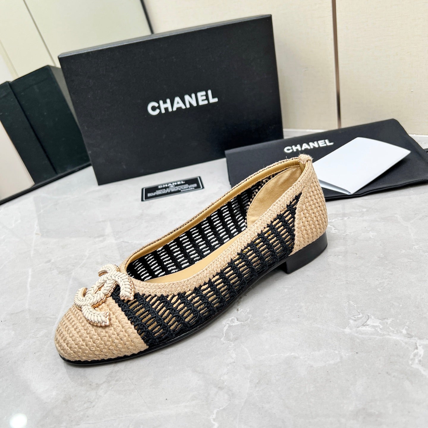 BALLET FLAT 10 MM IN BLACK MIX BEIGE RAFFIA - 35