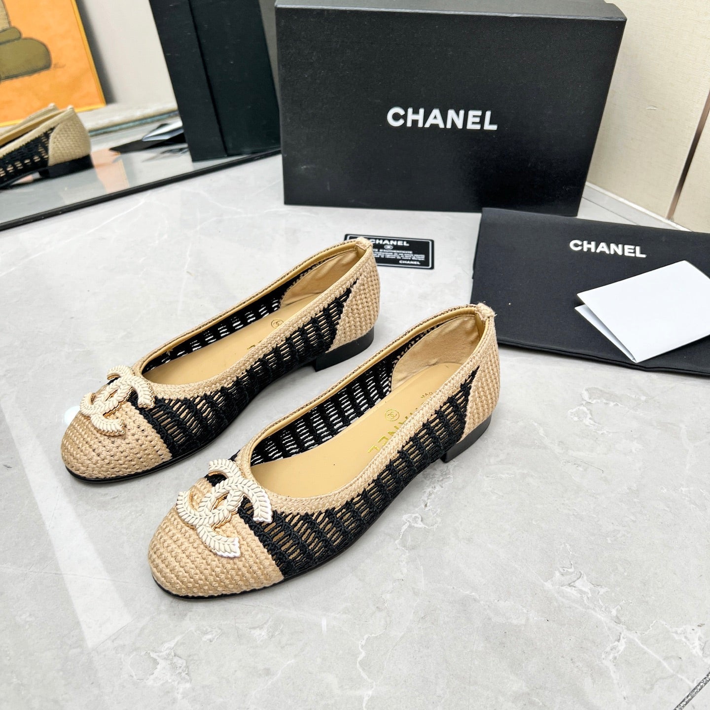 BALLET FLAT 10 MM IN BLACK MIX BEIGE RAFFIA - 35
