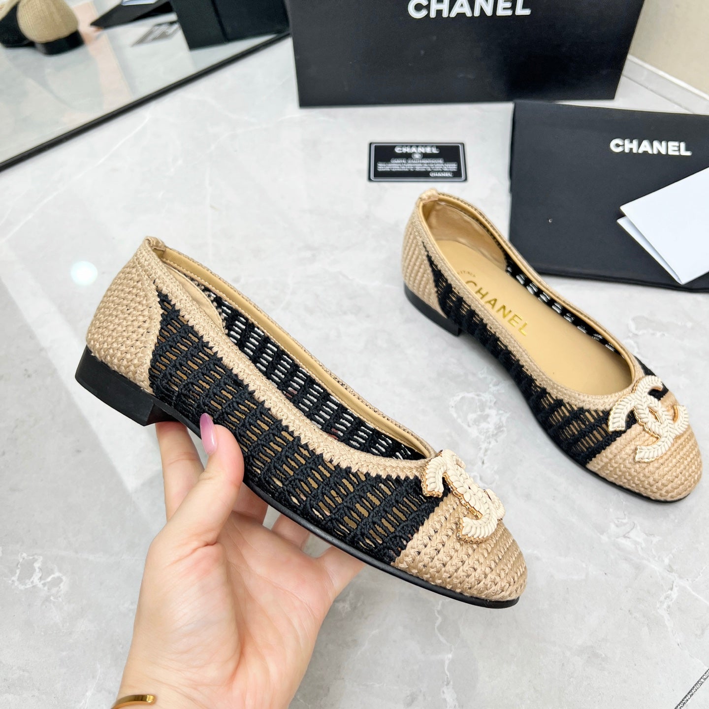 BALLET FLAT 10 MM IN BLACK MIX BEIGE RAFFIA - 35