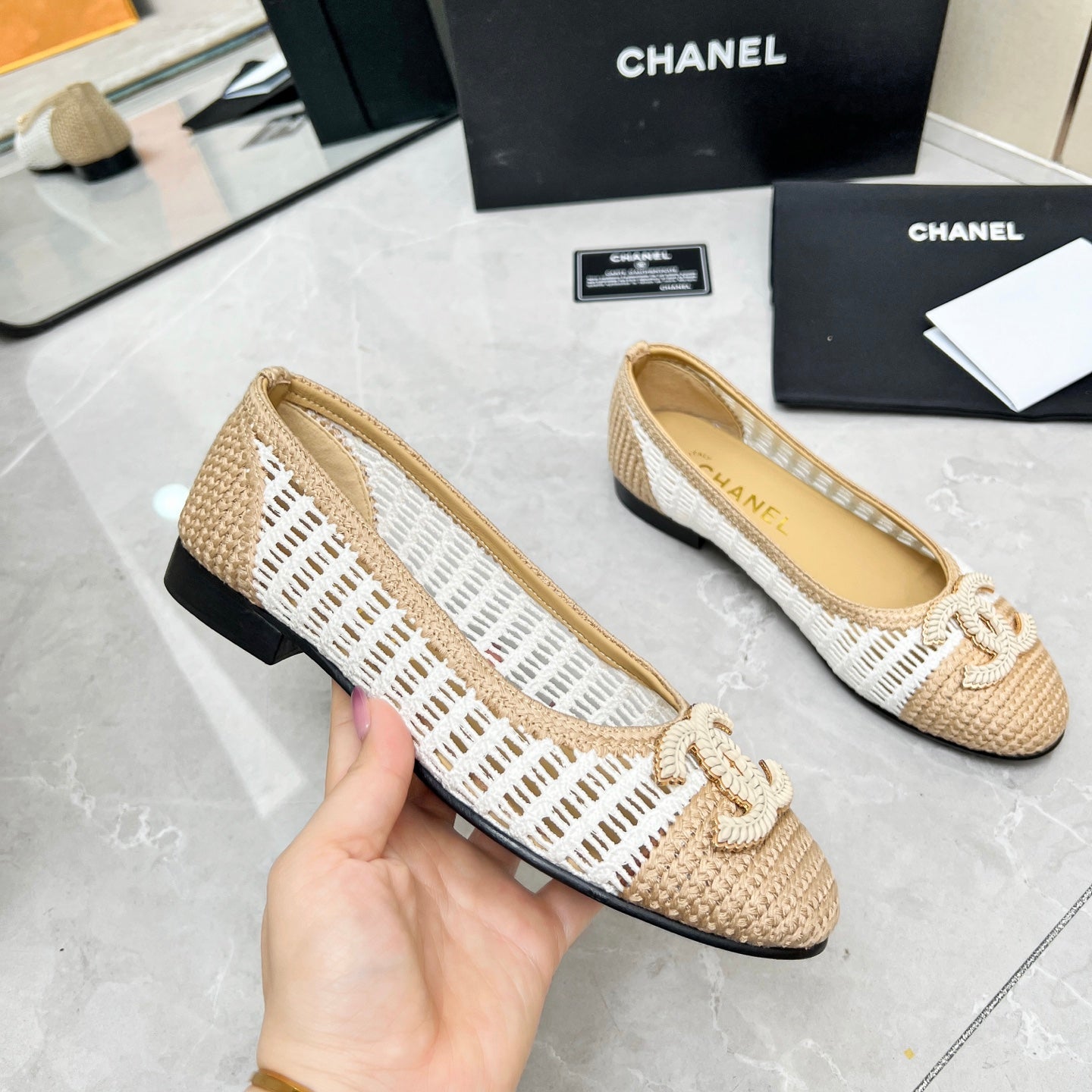 BALLET FLAT 10 MM IN WHITE MIX BEIGE RAFFIA - 35