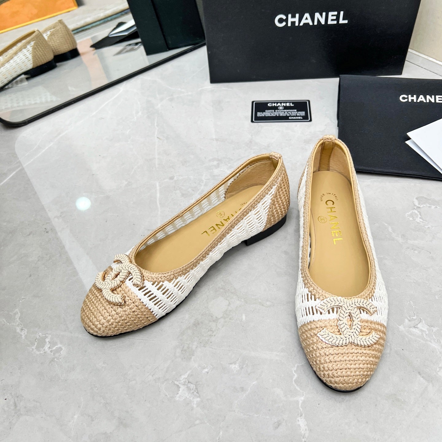 BALLET FLAT 10 MM IN WHITE MIX BEIGE RAFFIA - 35