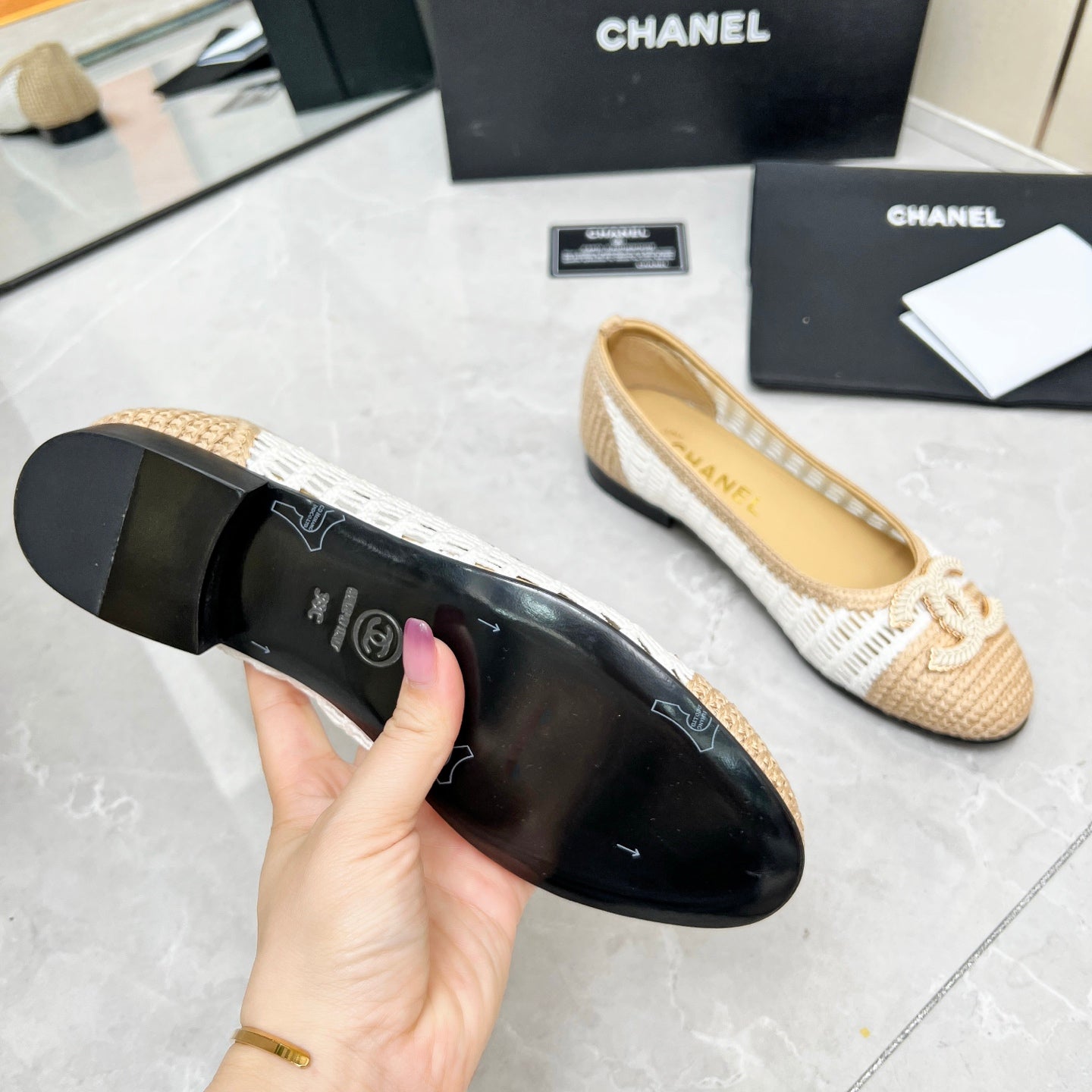 BALLET FLAT 10 MM IN WHITE MIX BEIGE RAFFIA - 35