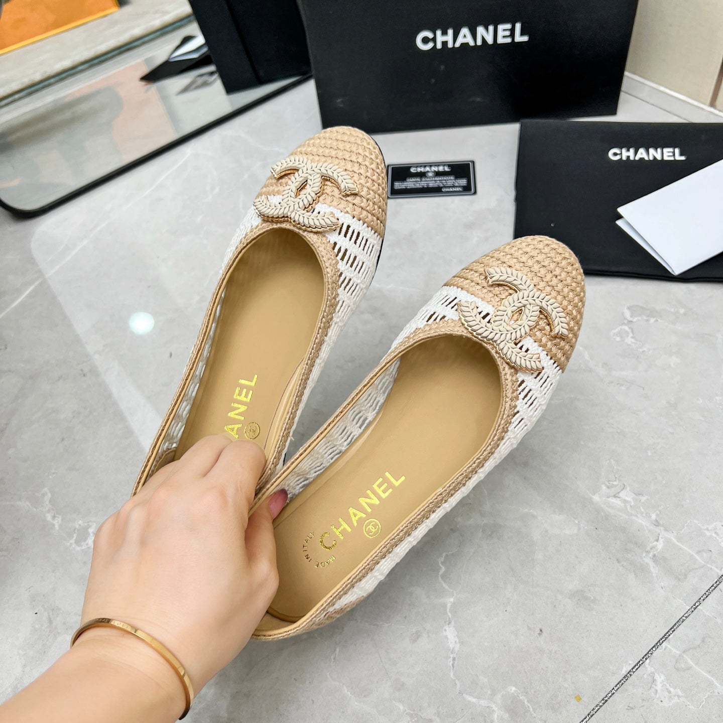 BALLET FLAT 10 MM IN WHITE MIX BEIGE RAFFIA - 35
