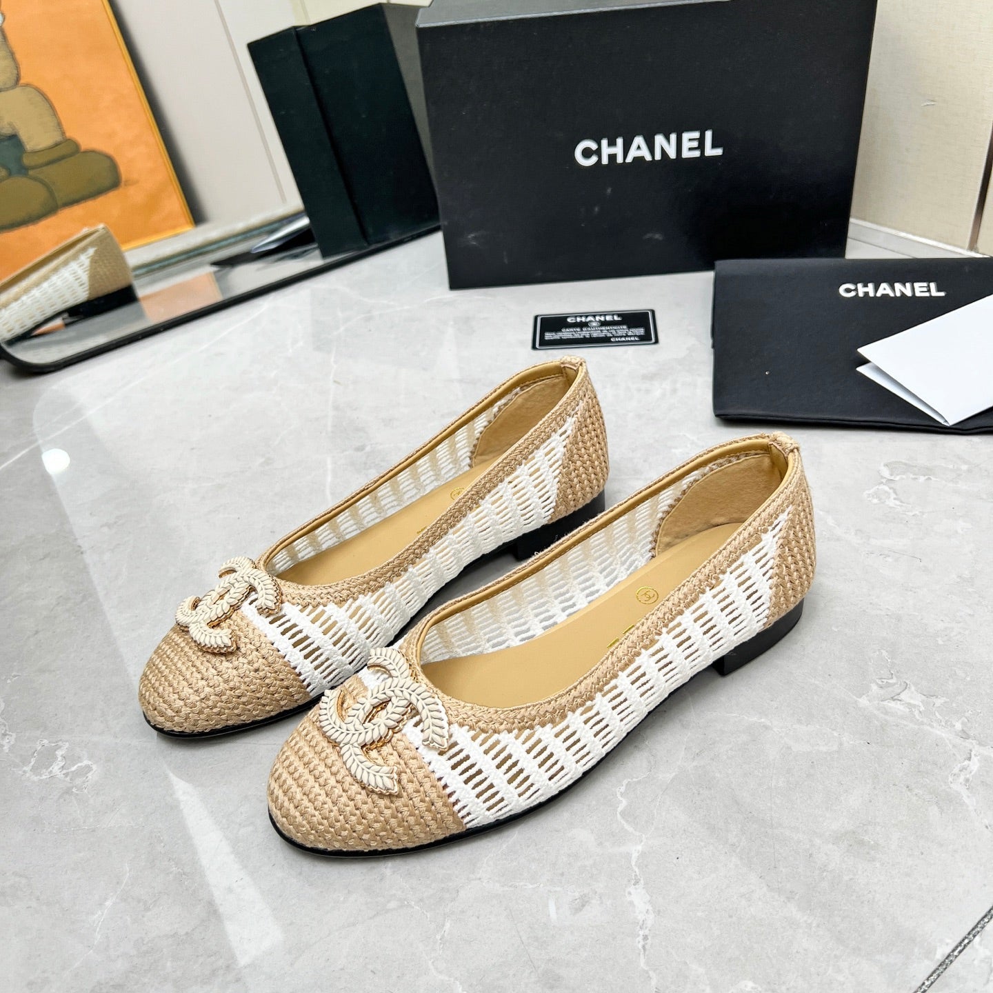 BALLET FLAT 10 MM IN WHITE MIX BEIGE RAFFIA - 35