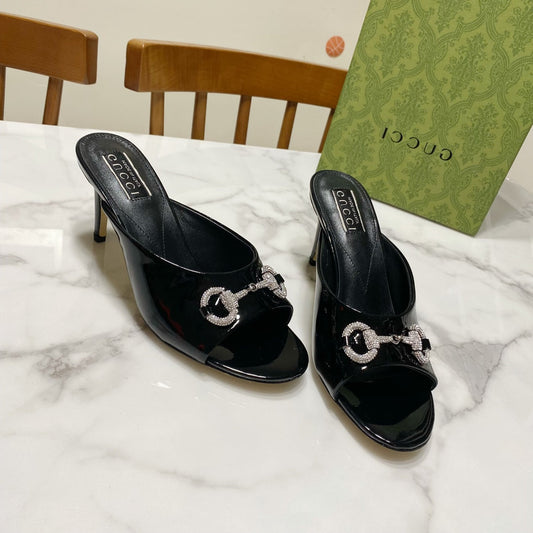БОСОНІЖКИ GUCCI 26S HORSEBIT НА ВИСОКИХ ПІДБОРАХ 80 ММ З ЧОРНОЇ ГЛЯНЦЕВОЇ ТЕЛЯЧОЇ ШКІРИ