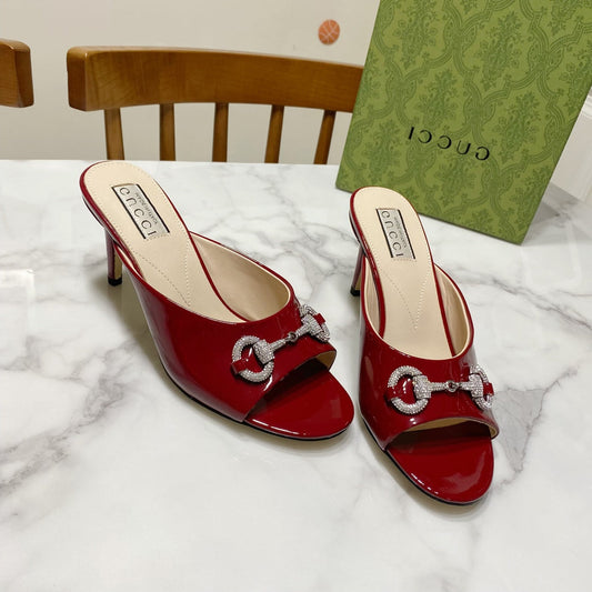 БОСОНІЖКИ GUCCI 26S HORSEBIT НА ВИСОКИХ ПІДБОРАХ 80 ММ З ТЕМНО-ЧЕРВОНОЇ ГЛЯНЦЕВОЇ ТЕЛЯЧОЇ ШКІРИ