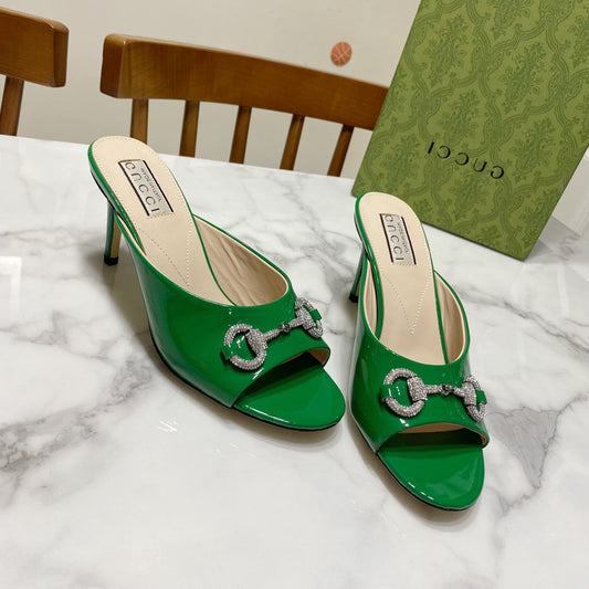 БОСОНІЖКИ GUCCI 26S HORSEBIT НА ВИСОКИХ ПІДБОРАХ 80 ММ ІЗ ЗЕЛЕНОЇ ГЛЯНЦЕВОЇ ТЕЛЯЧОЇ ШКІРИ