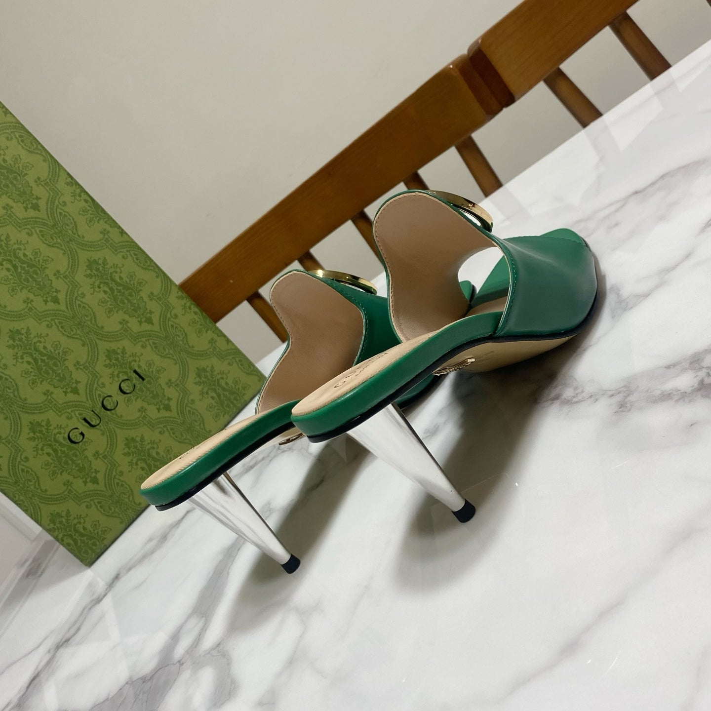 GG HIGH HEELS BLONDIE 75 IN GREEN LAMBSKIN WITH GOLD HARDWARE - 34