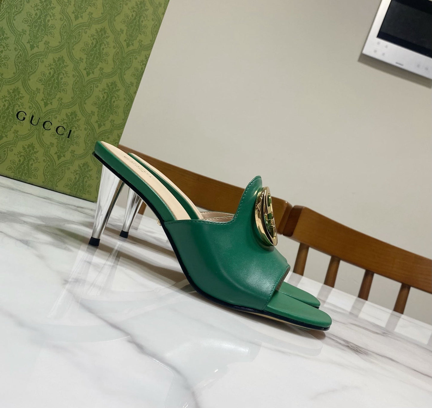 GG HIGH HEELS BLONDIE 75 IN GREEN LAMBSKIN WITH GOLD HARDWARE - 34