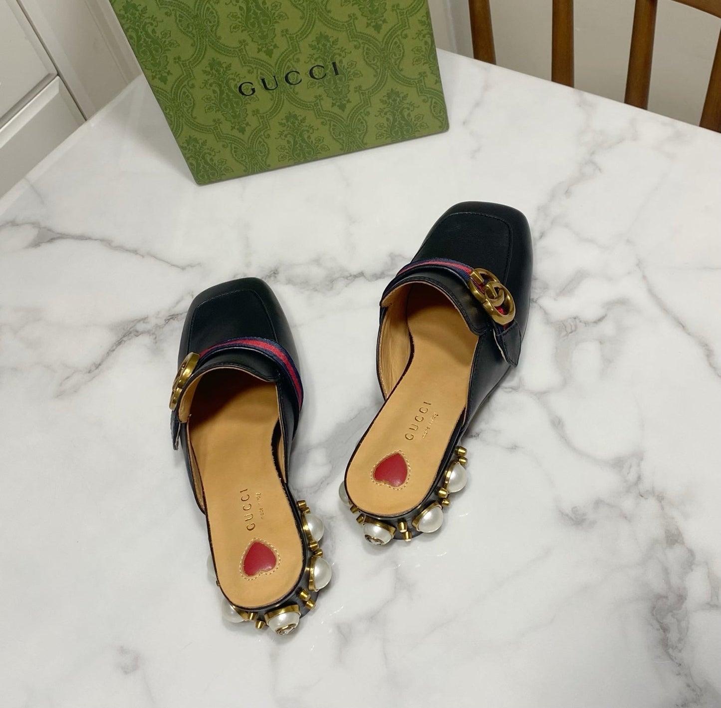 GG HEEL MULES 35 CM IN BLACK CALFSKIN WITH PEARL-EMBELLISHED SOLE - 35