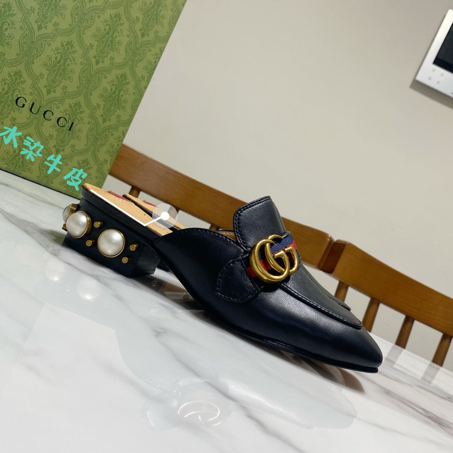GG HEEL MULES 35 CM IN BLACK CALFSKIN WITH PEARL-EMBELLISHED SOLE - 35