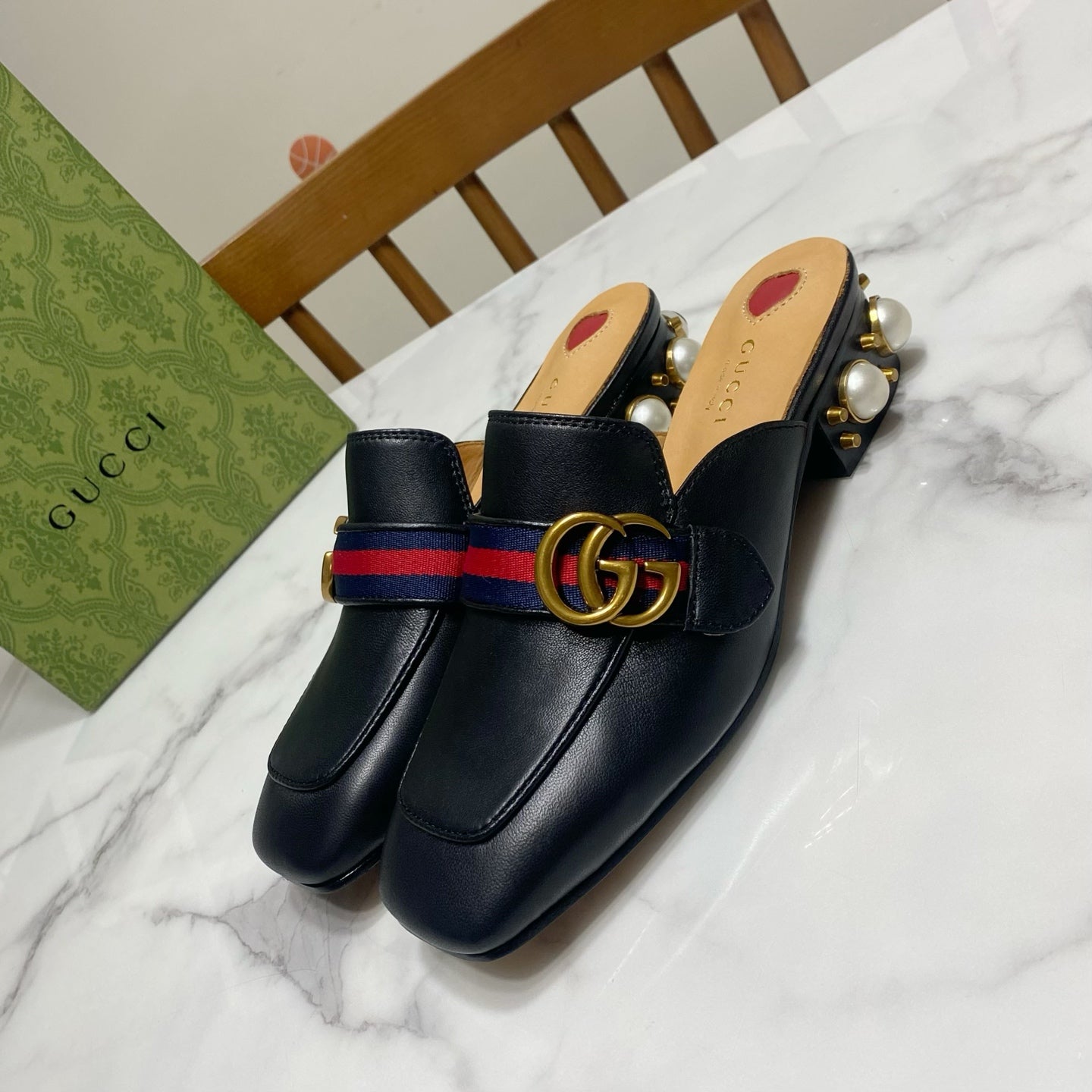 GG HEEL MULES 35 CM IN BLACK CALFSKIN WITH PEARL-EMBELLISHED SOLE - 35