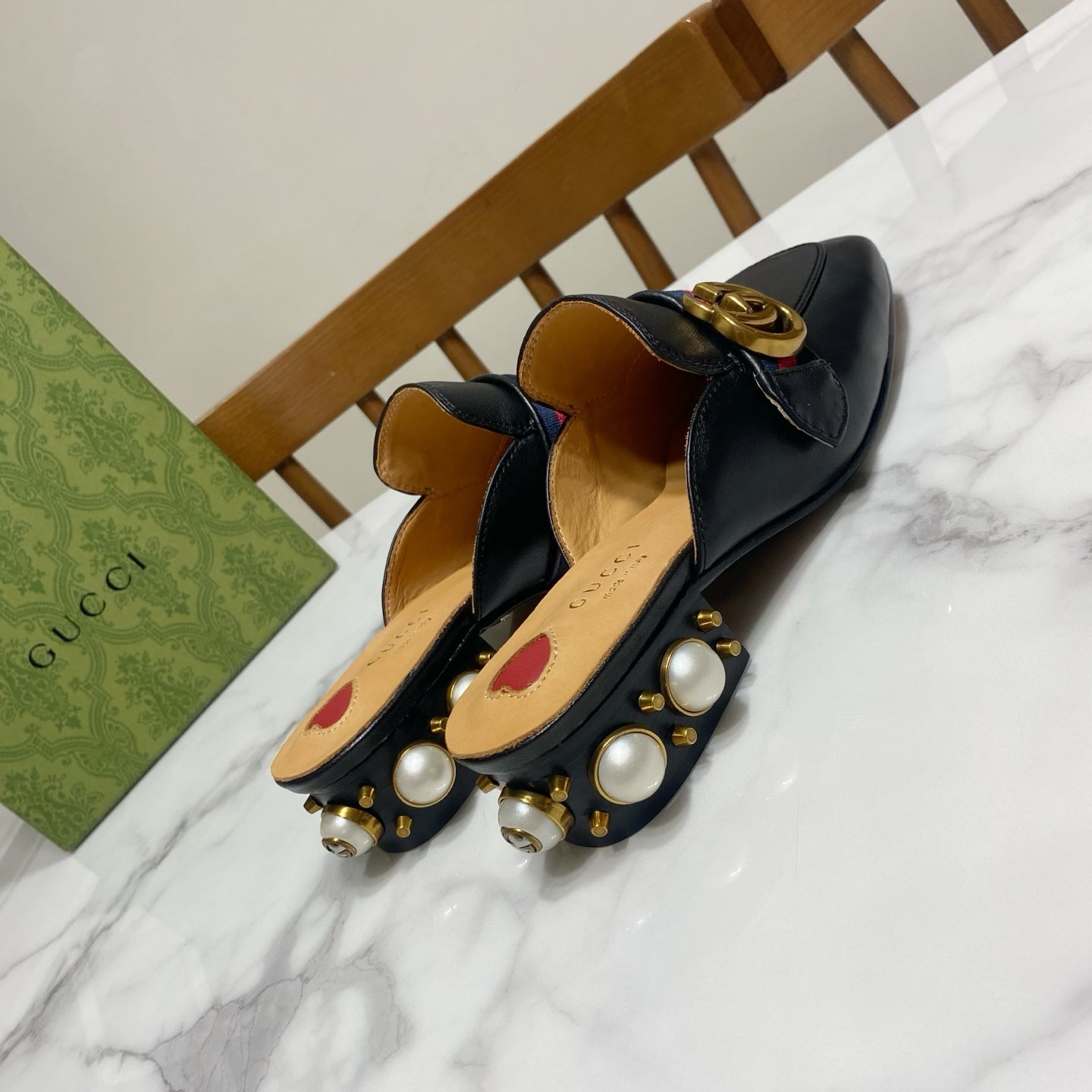 GG HEEL MULES 35 CM IN BLACK CALFSKIN WITH PEARL-EMBELLISHED SOLE - 35