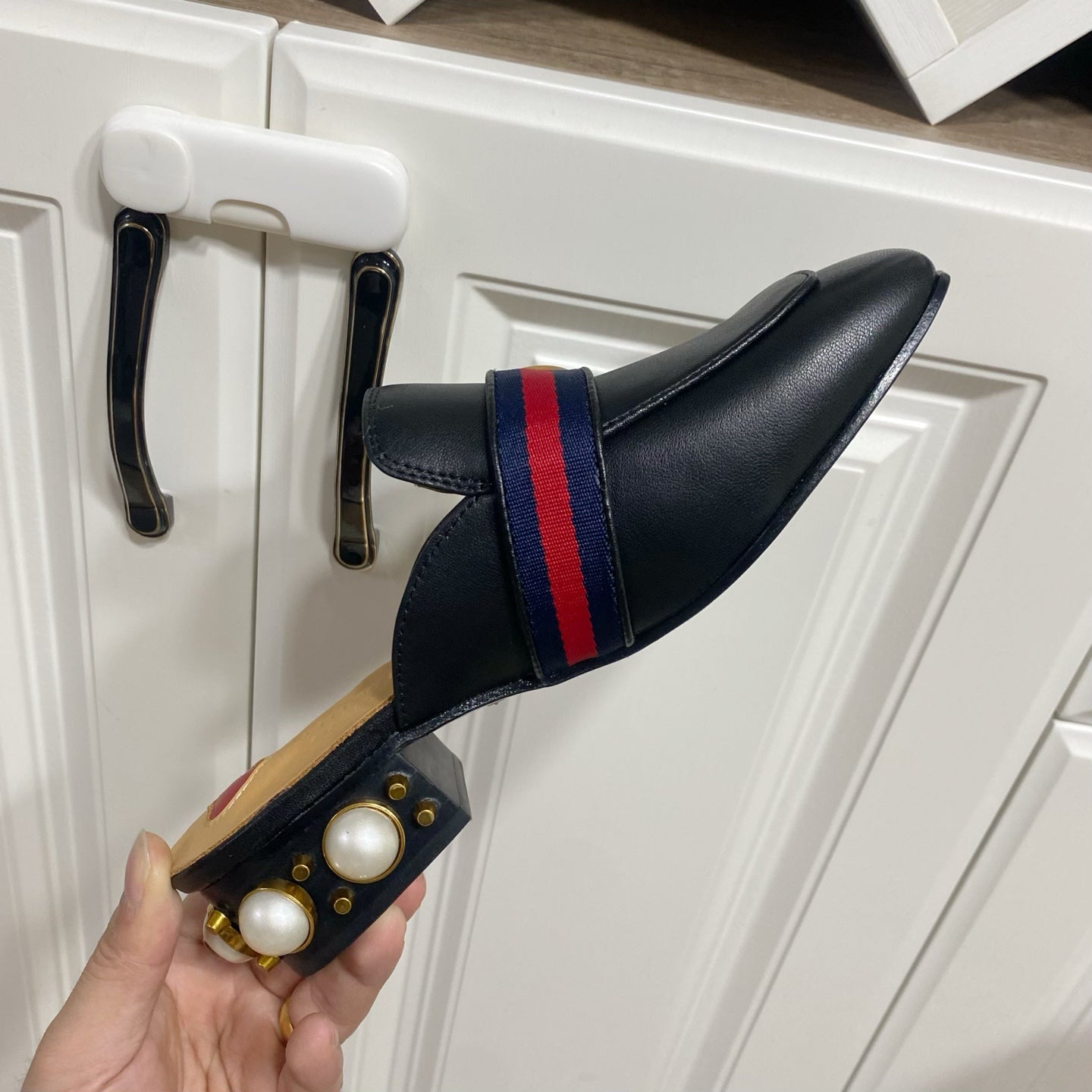 GG HEEL MULES 35 CM IN BLACK CALFSKIN WITH PEARL-EMBELLISHED SOLE - 35