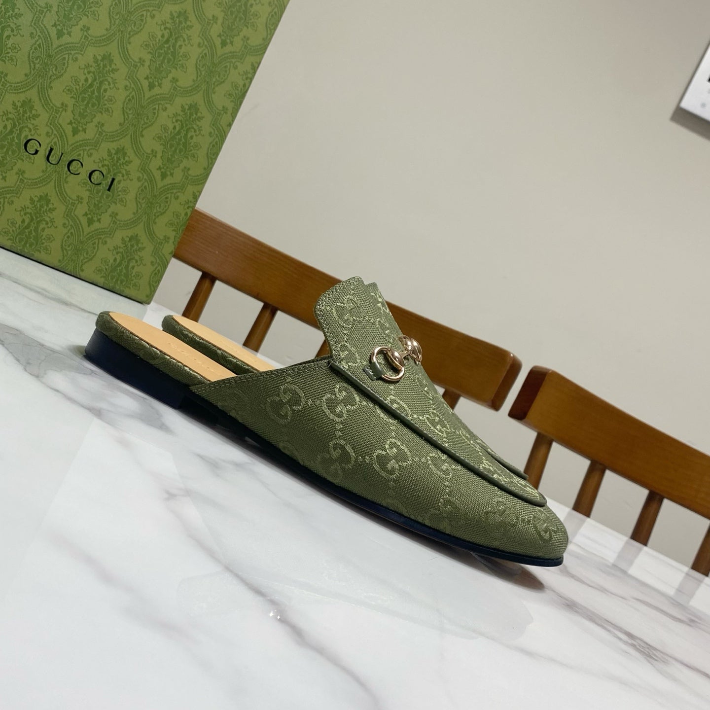 GG MULES IN MOSS GREEN FABRIC GOLD HARD WARE - 35