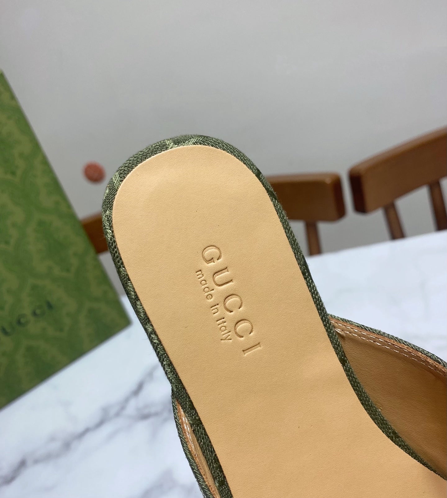 GG MULES IN MOSS GREEN FABRIC GOLD HARD WARE - 35