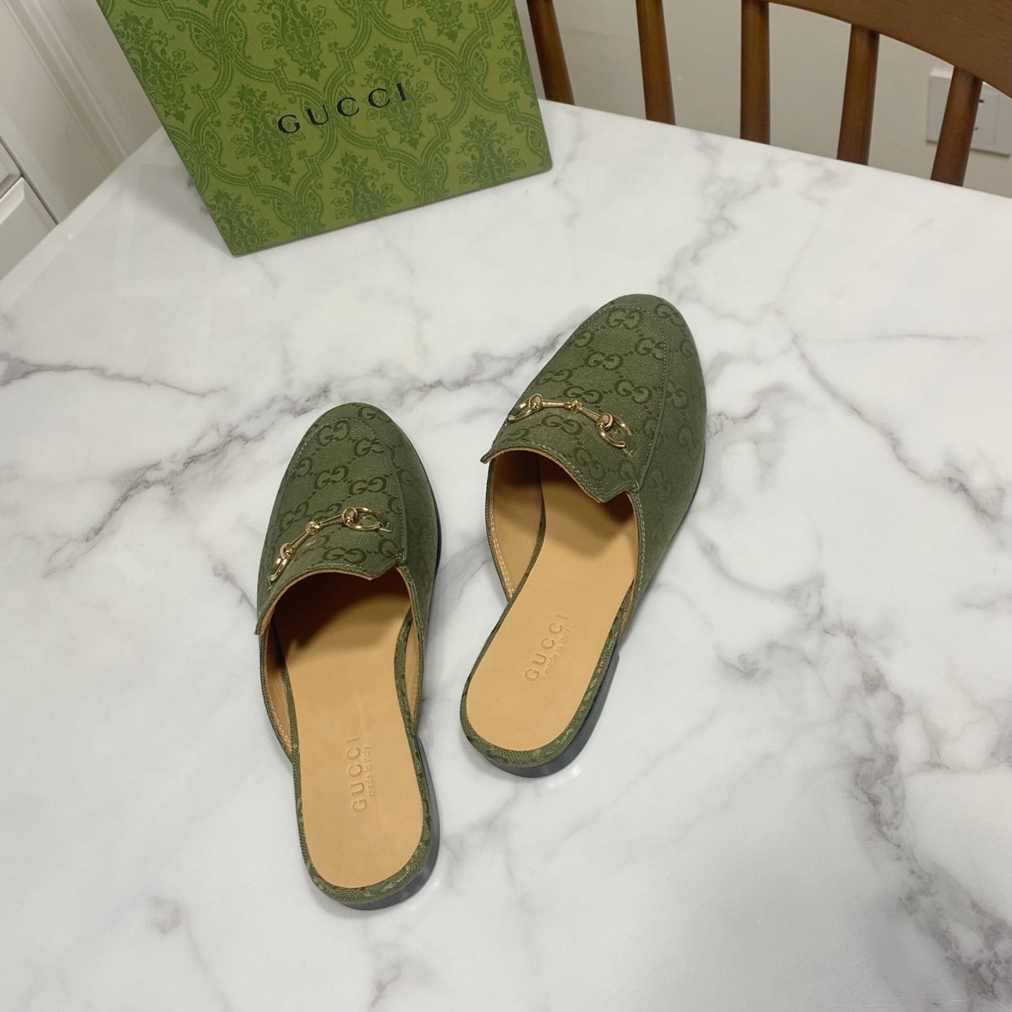 GG MULES IN MOSS GREEN FABRIC GOLD HARD WARE - 35