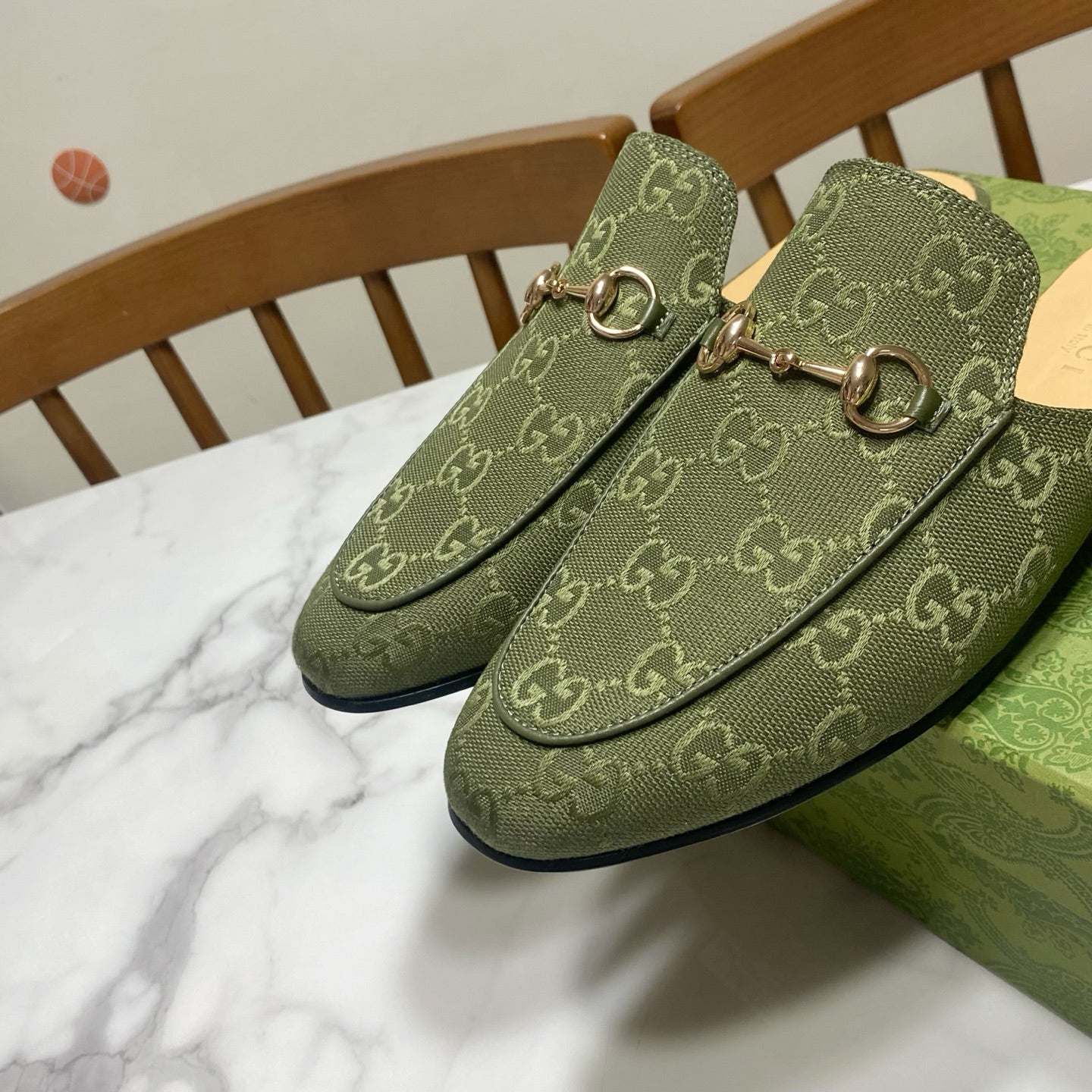 GG MULES IN MOSS GREEN FABRIC GOLD HARD WARE - 35