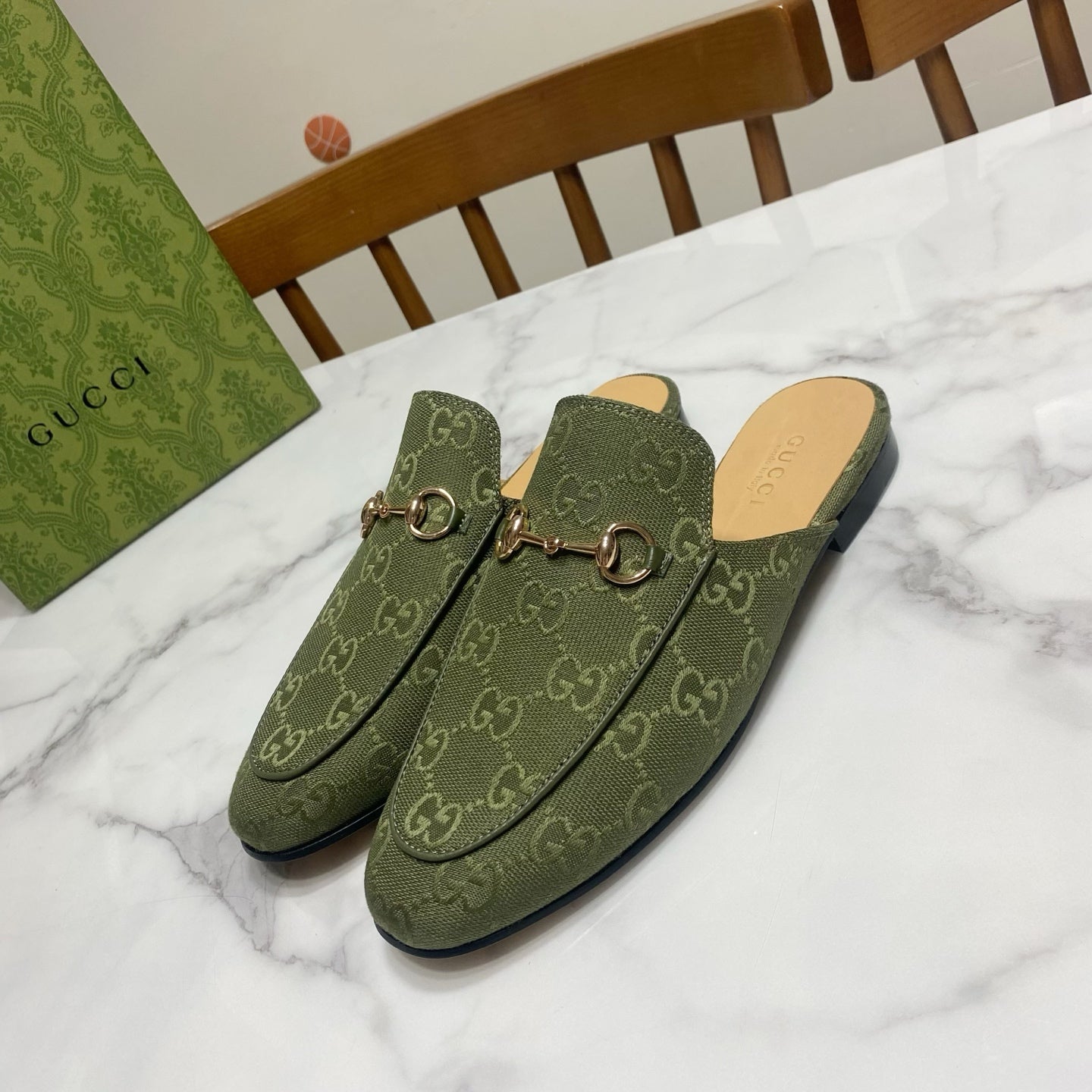 GG MULES IN MOSS GREEN FABRIC GOLD HARD WARE - 35