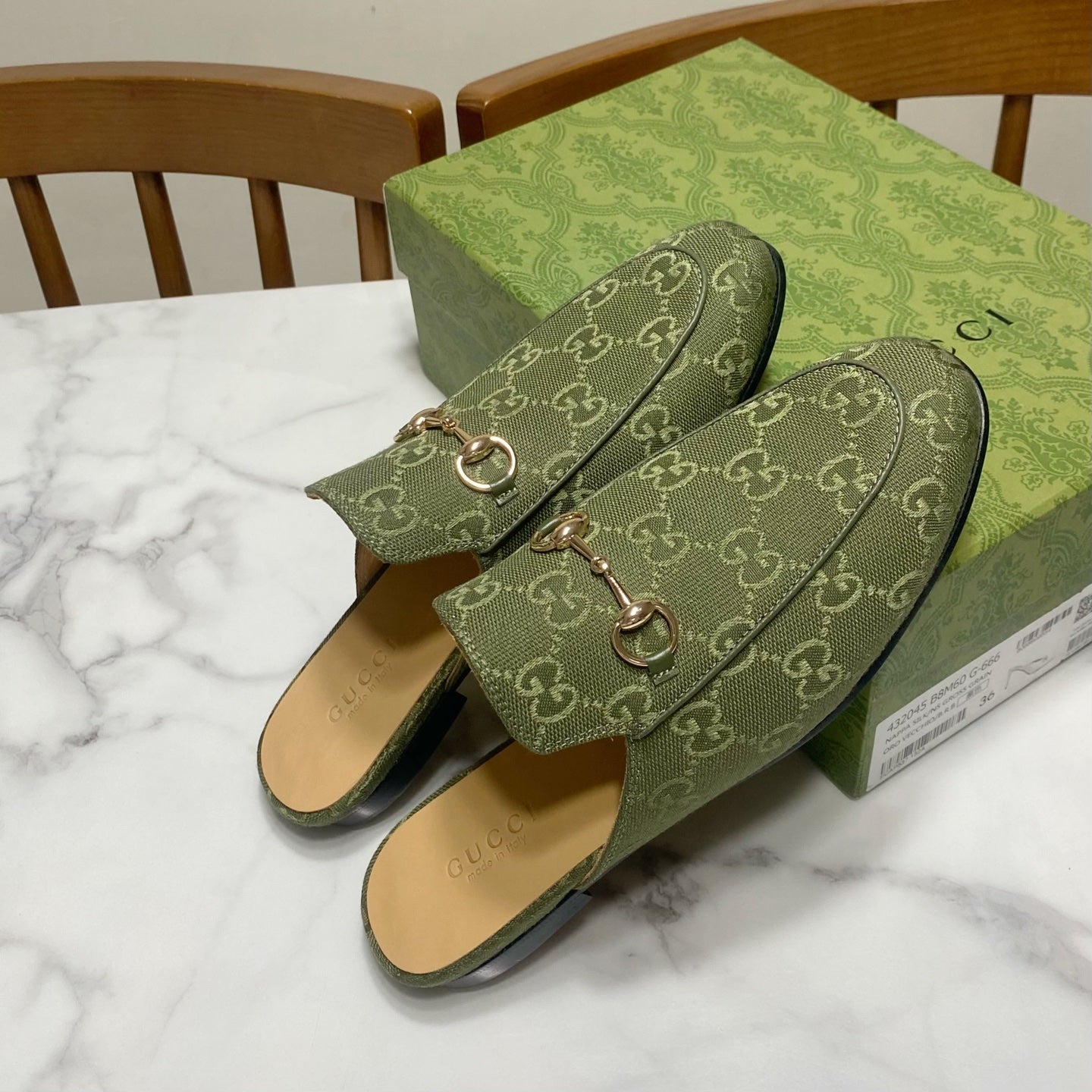 GG MULES IN MOSS GREEN FABRIC GOLD HARD WARE - 35