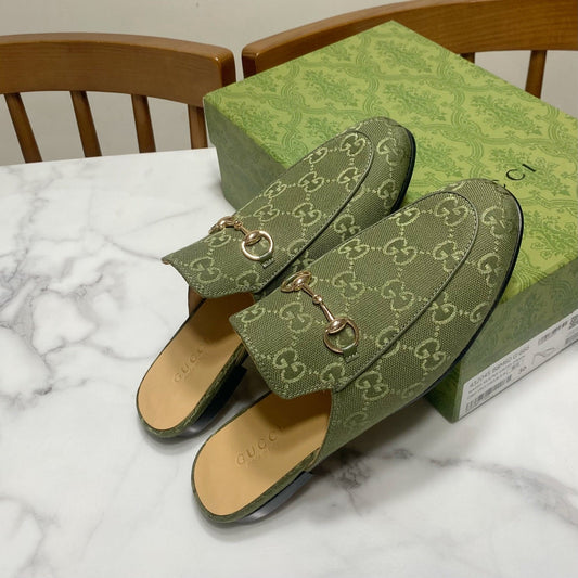 GG MULES IN MOSS GREEN FABRIC GOLD HARD WARE - 35