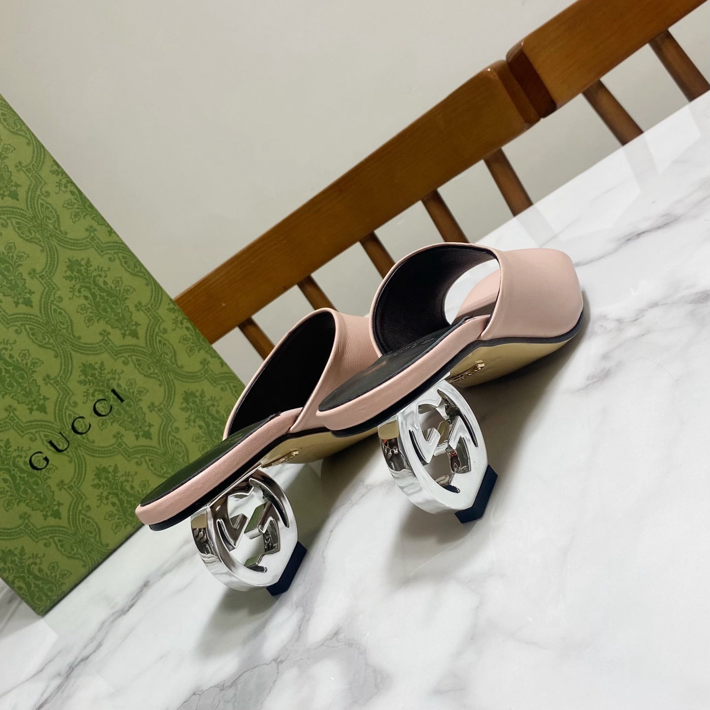 GG SILVER METAL HEEL 65 IN PINK CALFSKIN - 34