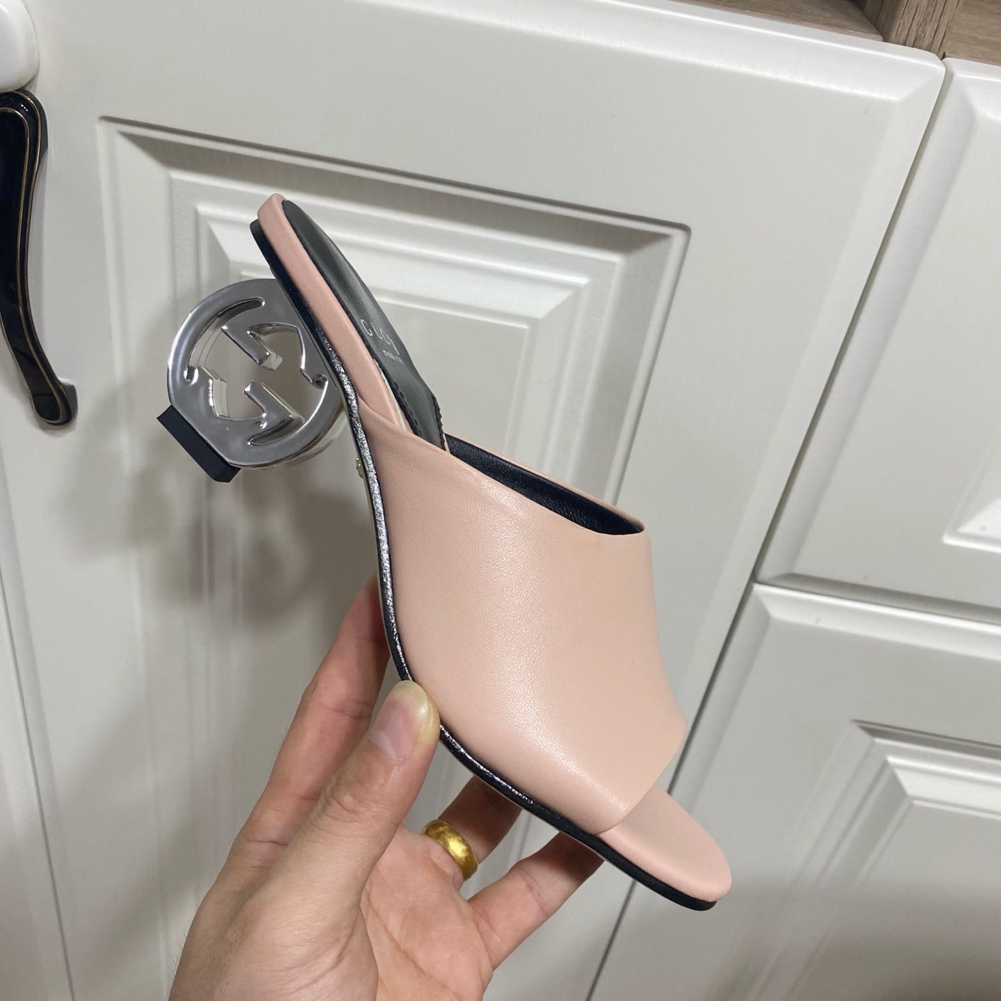 GG SILVER METAL HEEL 65 IN PINK CALFSKIN - 34