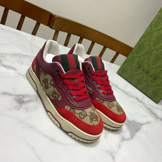 КРОСІВКИ GUCCI 26S RE-WEB З ЧЕРВОНОЇ ТЕЛЯЧОЇ ШКІРИ ТА БЕЖЕВОГО КАНВАСУ