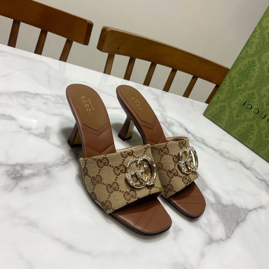 GUCCI 26S БОСОНІЖКИ НА КАБЛУКУ 75 ММ З КОРИЧНЕВОГО ПОЛОТНА ТА ОВЧИНИ