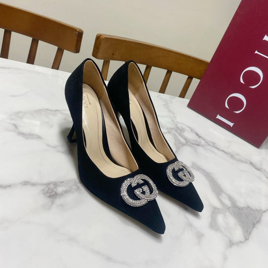 ТУФЛІ GUCCI 26S НА ВИСОКИХ ПІДБОРАХ 85 ММ ІЗ ЧОРНОЇ ЗАМШІ З КРИСТАЛАМИ