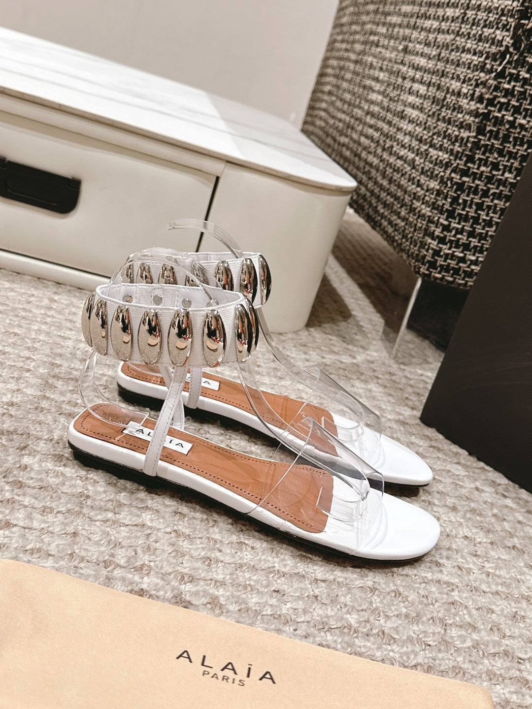 ALAIA SANDAL IN WHITE CALFSKN AND FILM WITH CRYSTAL - 35
