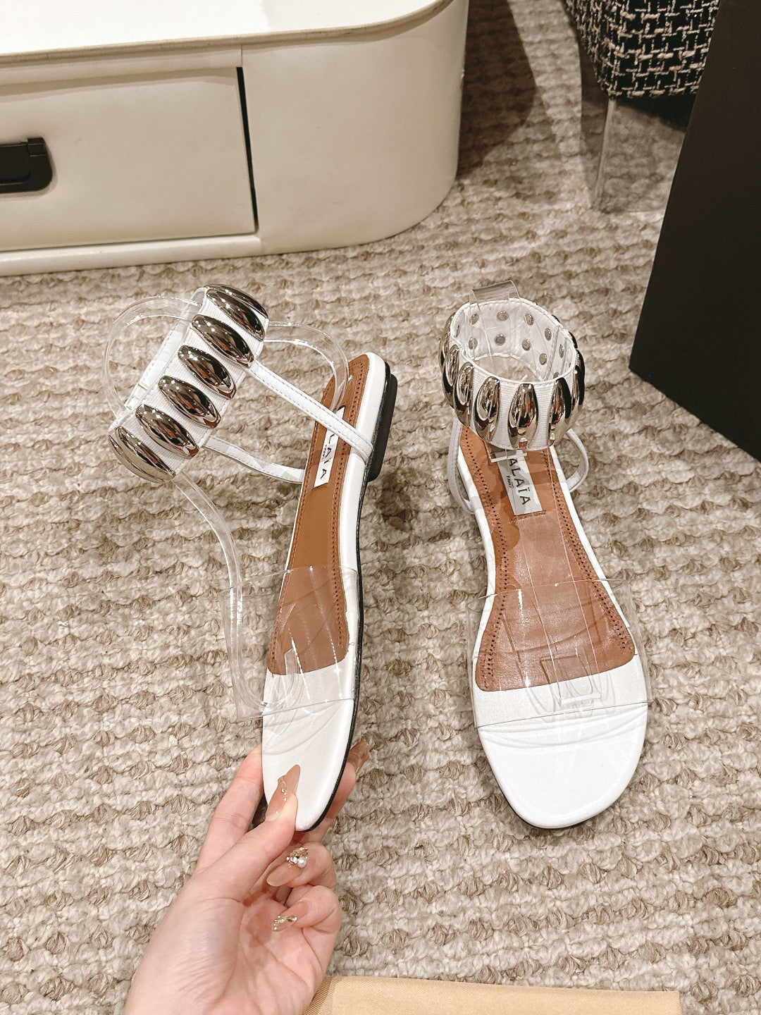 ALAIA SANDAL IN WHITE CALFSKN AND FILM WITH CRYSTAL - 35