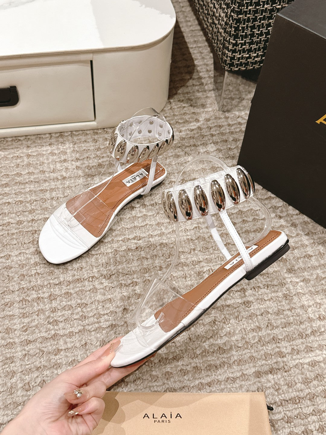 ALAIA SANDAL IN WHITE CALFSKN AND FILM WITH CRYSTAL - 35