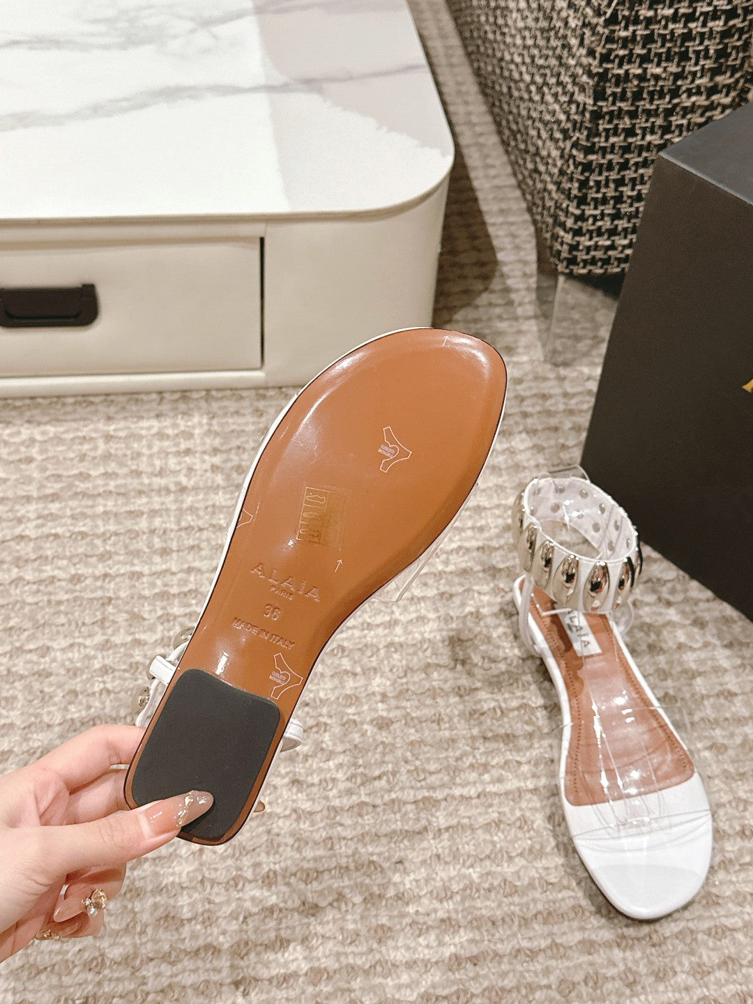 ALAIA SANDAL IN WHITE CALFSKN AND FILM WITH CRYSTAL - 35